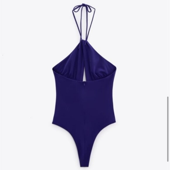 NWT ZARA Floral Halter Top Bodysuit in Blue Size Medium Flower Detail Women's - Picture 4 of 10